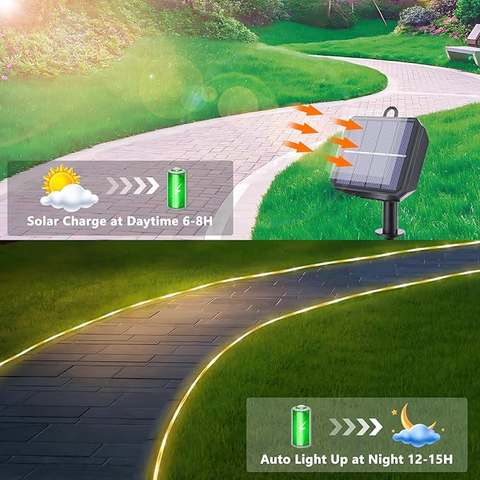 Solar Rope Lights, 2 Packs 66ft 200LED Solar String Lights, 8 Modes Waterproof Solar Powered Outdoor Lights, Flexible Clear Tube Light for Garden, Backyard, Patio, Deck, Pool,Tree Decor - Warm White-VerdiqueGarden