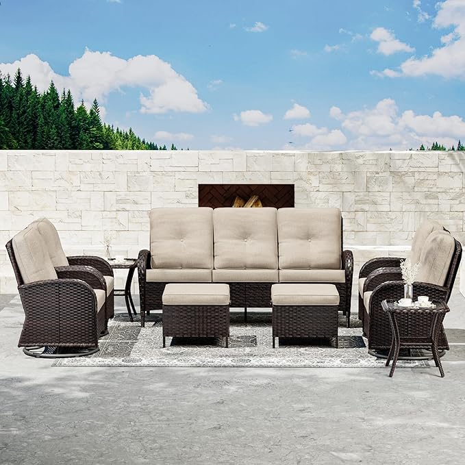 Joyside 9 Piece Patio Furniture Set, Outdoor Wicker Conversation Sets with Swivel Rocker Chairs and Sofa, Thick Cushion, Rattan Patio Sectional for Porch, Deck Use (Brown/Beige, 9 PCS)-VerdiqueGarden