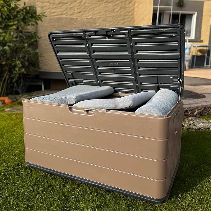100 Gallon Plus Resin Deck Box, Waterproof Outdoor Storage Bin for Patio Furniture, Pool Accessories, and Garden Tools, Lockable & UV-Resistant, Brown-VerdiqueGarden