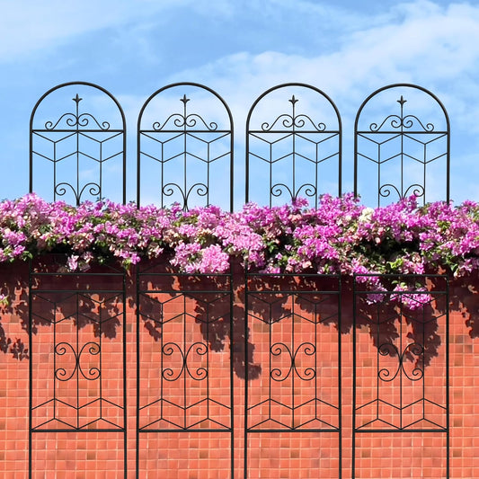 4 Pack Metal Garden Trellis 86.7" Tall Outdoor Climbing Plant Support for Roses, Flowers, Rustproof Durable Black Galvanized Tube, Lawn Garden Fence Decor Screen (4, Castle-86.7" H)-VerdiqueGarden