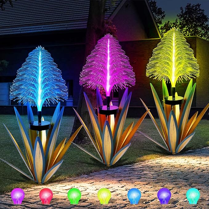 Homight Metal Outdoor Decoration Gift Christmas Decorations Outdoor Metal Agave Yard Art Garden Lights Solar Outdoor, 7 Color Changing Garden Yard Pathway Xmas Decor Waterproof (2 pcs Blue)-VerdiqueGarden