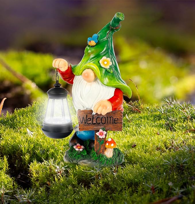 Garden Gnome Statue, Resin Figurine with Bright Solar Lantern Lights and Welcome Sign, Outdoor Solar-Powered Illumination Yard Art Decorations for Indoor Outdoor Patio Lawn Garden Room-VerdiqueGarden