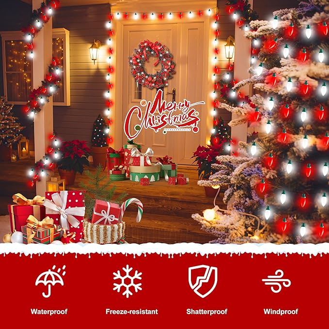 C9 Bulbs Classic Christmas Lights - 50 LED 32ft Strawberry String Light Red&White - Extendable 8 Modes Funtion with Timer Fairy Lighting for Outdoor, Indoor, Party, Home, Tree Decorations-VerdiqueGarden