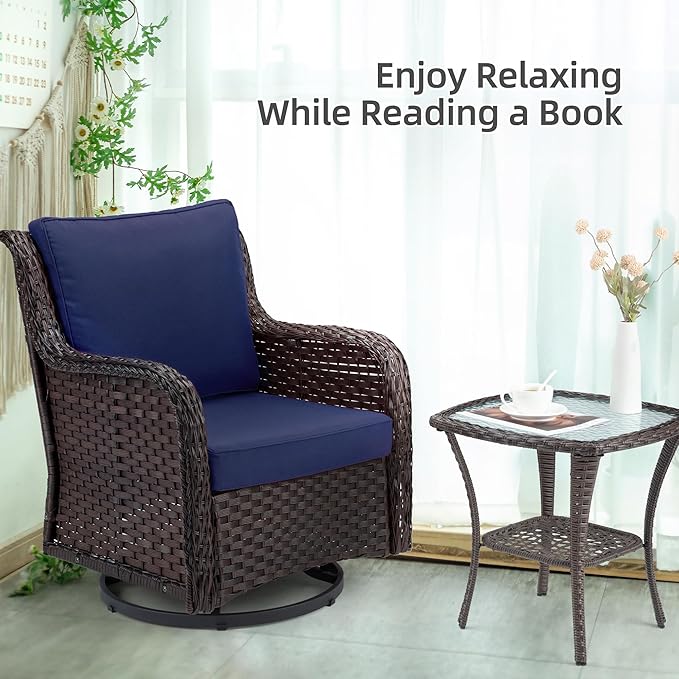 Towallmark Outdoor Swivel Wicker Glider Patio Chairs with Table Set, 3 Pieces Outdoor Bistro Set with 4”Thick Cushions and Coffee Table for Porch, Balcony, Deck (Blue)-VerdiqueGarden
