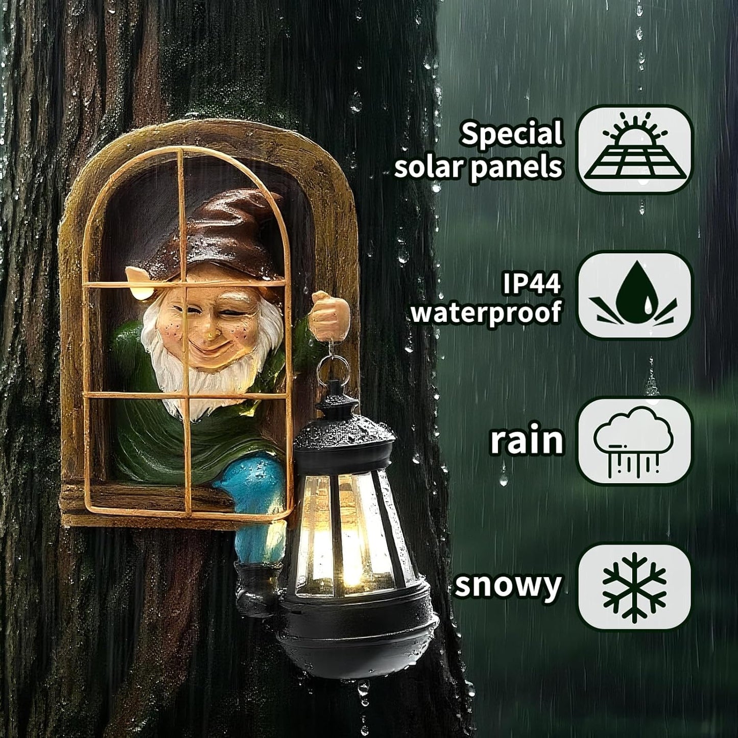 Garden Gnome Decor Outdoor Statue - Gnome With Solar Waterproof Lantern, Whimsical Elf Out The Door Tree Hugger Garden Statues, Home, Fence, Patio, Resin Ornament, Gardening Gift Tree Faces Gnomes-VerdiqueGarden