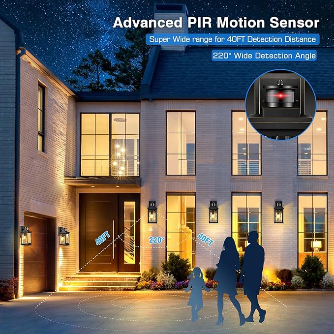 Motion Sensor Outdoor Lights Wall Mount, Dusk to Dawn Exterior Light Fixture ,100% Anti-Rust Aluminum Waterproof Porch Light Outside Wall Lights for House, Black Wall Sconce Lanterns with Water Glass…-VerdiqueGarden