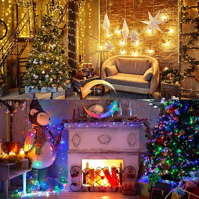 JMEXSUSS 33ft 100 LED Color Changing String Lights Plug in, Warm White & Multicolor Christmas Tree Lights Indoor, Christmas String Lights Outdoor Waterproof for Xmas Indoor Decor-VerdiqueGarden