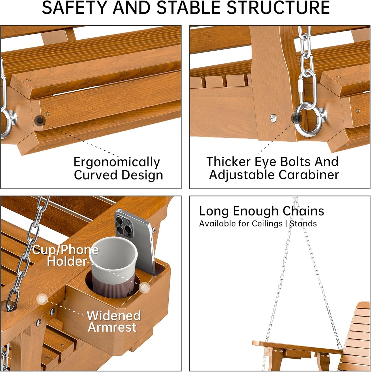 Wooden Outdoor Porch Swings, 3 Seater Front Porch Swing with Upgraded 22" Deep Seat, Heavy Duty 880 Lbs Swing Bench Chair for for Patio, Backyard, Garden (Teak Tone, 5 FT)-VerdiqueGarden