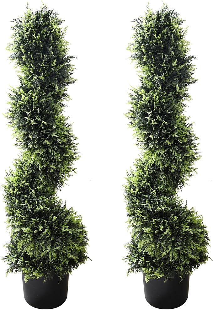 39 inchBoxwood Artificial Cedar Spiral Topiary Trees – Decorative Fake Greenery in Planter Pots for Front Porch, Outdoor Walkway, Entryway Decorating, Set of 2-VerdiqueGarden