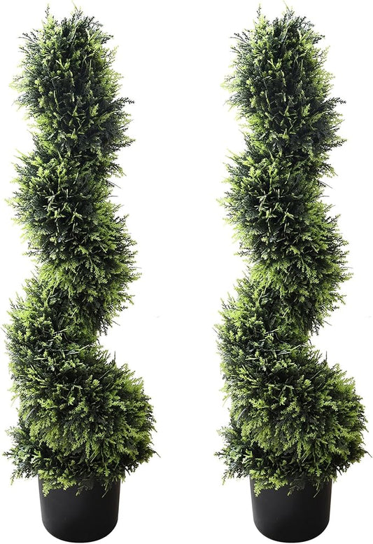 39 inchBoxwood Artificial Cedar Spiral Topiary Trees – Decorative Fake Greenery in Planter Pots for Front Porch, Outdoor Walkway, Entryway Decorating, Set of 2-VerdiqueGarden