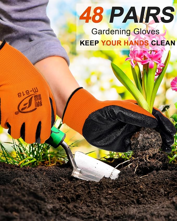 Nuogo 48 Pairs Gardening Gloves for Men Women Rubber Coated Safety Work Gloves Bulk for Gardening Construction Work-VerdiqueGarden