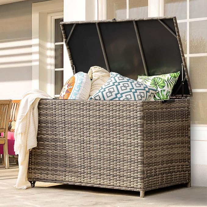 178 Gallon Outdoor Storage Box, Patio Deck Box with 2 Wheels, Handle Large Portable Wicker Rattan Deck Box for Patio Furniture Cushions, Throw Pillows, Garden Tools and Pool Floats (Gray)-VerdiqueGarden