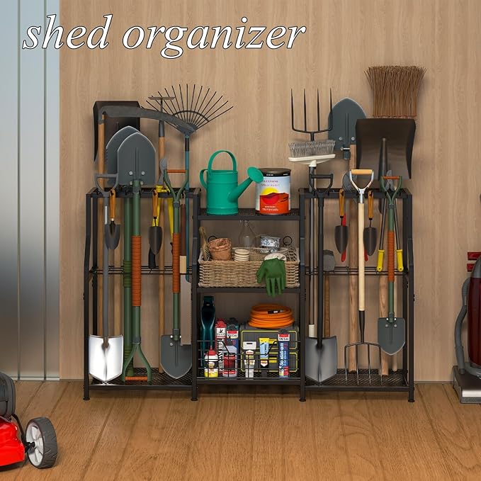 keomaisyto Garden Tool Organizer, Heavy Duty Yard Tool Tower Rack for Garage Organization and Storage, 3 Tier Utility Garden Tool Rack with hooks for Garden/Shed/Garage/Yard/Basement/Lawn-VerdiqueGarden