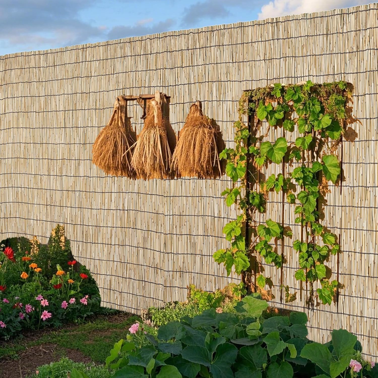 Natural 5.6FT X 16.4FT Reed Fencing Roll, Balcony Privacy Reed Shade Bamboo Fencing Garden Fence Border, Wind Block Sunshade Fence Screen for Outdoor Yard Patio Flower Bed Edge-VerdiqueGarden