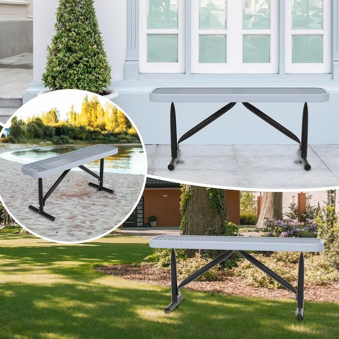 48" L Outdoor Steel Flat Bench, Heavy Duty Metal Park Bench for Outside, Expanded Metal, Commercial Benches Mesh Bench for Shopping Mall, Store, Lawn, Park, Patio, Deck, Garden (Grey, 4FT)-VerdiqueGarden