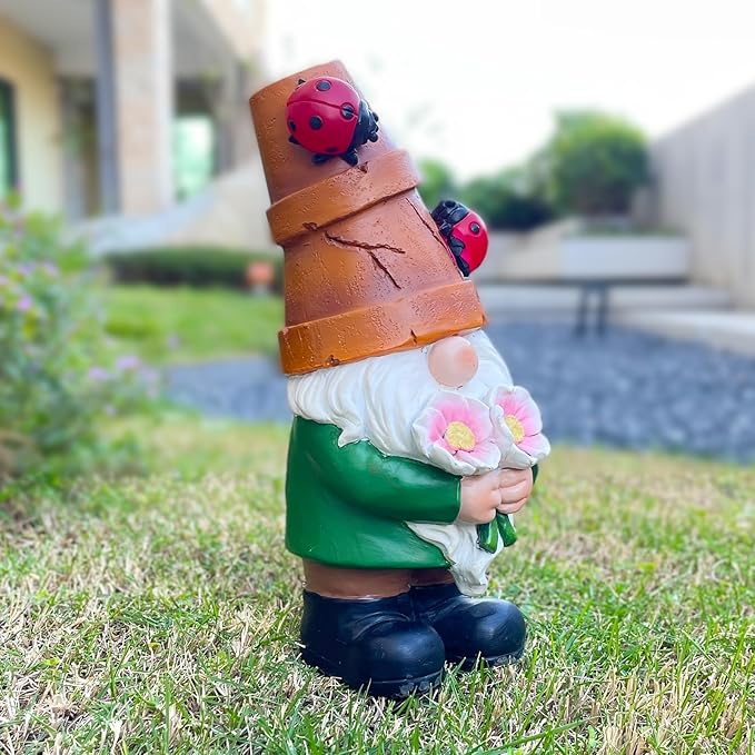 Garden Gnome Statues Outdoor Decor, Solar Gnomes with LED Lighted Flowers, Solar Resin Outdoor Statue Sculpture, for Woman Gift Home and Garden Decor-VerdiqueGarden