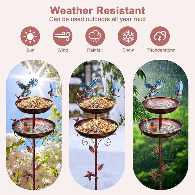 Metal Bird Bath for Outside, 2-in-1 Birdfeeder and Bath, 42 Inch Tall Stand with Hummingbird, Large 12Inch & Small 7.9Inch Bird Bath Bowl, 3 Bird Decor for Garden, Antique Bronze-VerdiqueGarden