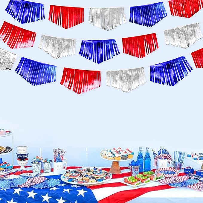 Blue Red Silver Tassel Banner Metallic Fabric Pennant Bunting Flag for 4th of July American USA National Day Patriotic Veterans Graduation Wedding Birthday Retirement Nautical Party Decorations-VerdiqueGarden