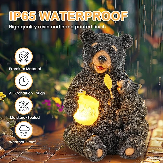 GIGALUMI Solar Garden Statues Loving Bear Figurine Lights for Outside, Yard Decorations Outdoor, Garden Decor Unique Birthday Housewarming Gifts for Mom, Women, Black-VerdiqueGarden