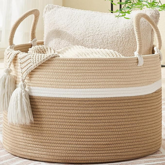 KAKAMAY Large Blanket Basket (20"x13"),Woven Baskets for storage Baby Laundry Hamper, Cotton Rope Blanket Basket for Living Room, Laundry, Nursery, Pillows, Baby Toy chest (White and Brown)-VerdiqueGarden