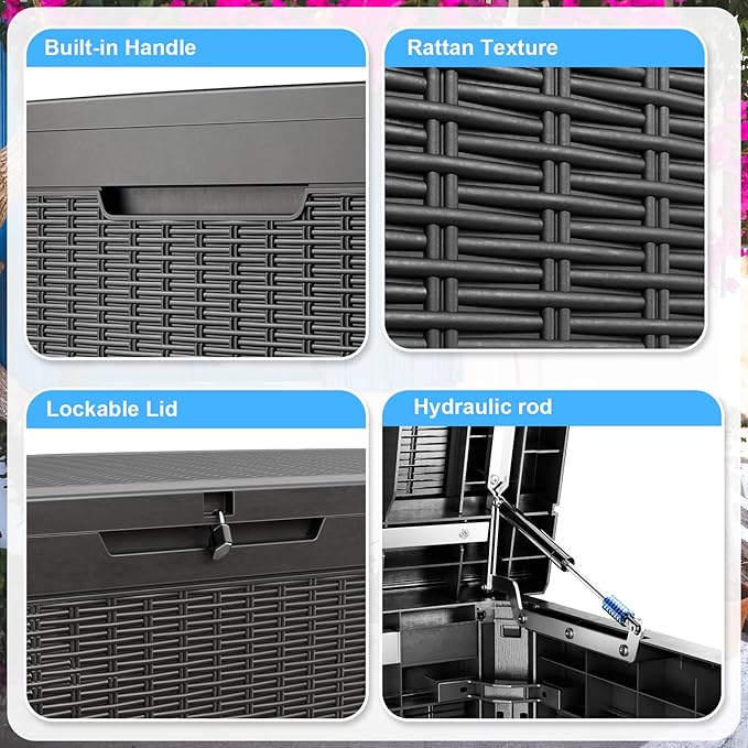 260 Gallon Large Resin Deck Box, Lockable Outdoor Storage Box for Patio Cushions Storage Furniture,Garden Tools, Pool Supplies, Weatherproof and UV Resistant-Black Rattan (260 Gallon)-VerdiqueGarden