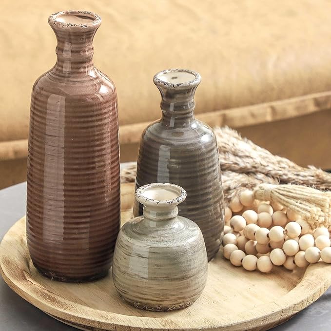 Ceramic Vases Set of 3, Neutral Rustic Farmhouse Vases Home Decor Decorative Flower Vase Modern Boho Pampass Vase for Table Mantel Entryway Shelf Living Room Kitchen Bathroom - Brown-VerdiqueGarden