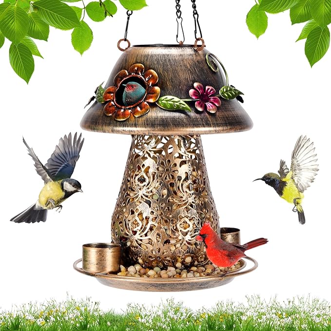 Mushroom Solar Bird Feeders for Outdoors Hanging Metal Wild Bird Feeder Garden Lantern with S Hook for Garden Decoration Brown-VerdiqueGarden