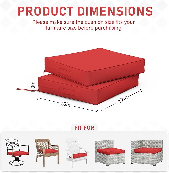 Patio Chair Cushions 17 X 16 X 3 Inch Waterproof Outdoor Seat Cushions for Patio Furniture, Outdoor Sofa Couch Pads with Ties & Handle, Set of 2, Red-VerdiqueGarden