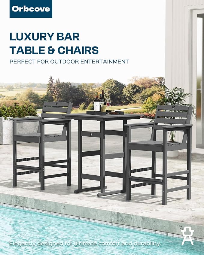 5-Piece Bar Height Outdoor Table and Chairs Set, HDPE Wood Grain Patio Bar Table and Chairs with Heart Cutout Design, Weather-Resistant Bar Height Furniture for Deck, Porch, Pool (Grey)-VerdiqueGarden