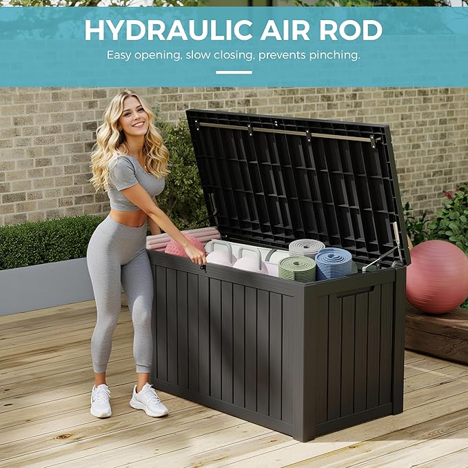 NUNU LAB 150 Gallon Outdoor Storage Box,Resin Large Sturdy Deck Box, Backyard Outside Storage Box Waterproof with Double Wall Panels,Package Delivery Garden Outdoor Hose Storage Bin-VerdiqueGarden