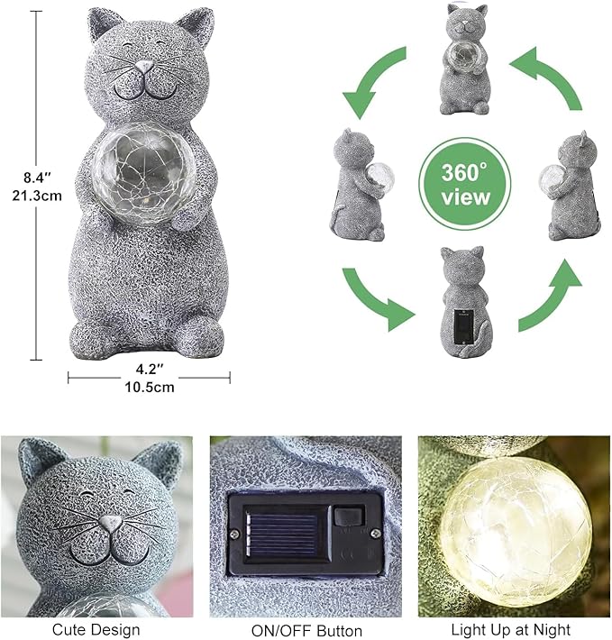 Solar Cat Statue - Garden Decor with LED Lights, Perfect for Mom or Grandma (Gray Cat)-VerdiqueGarden