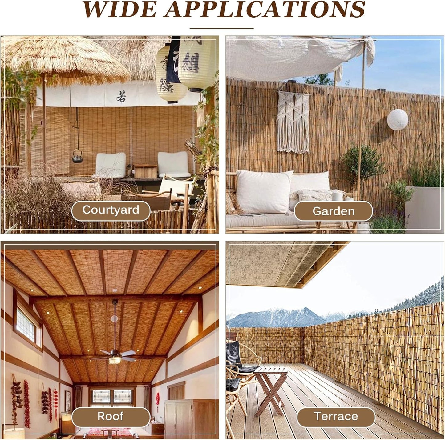 Natural Reed Fencing Rolls: Privacy Bamboo Fence 3/4/5/6ft High Roll Reed Screen, Decorative Bamboo Fencing for Outdoor Balcony Patio Garden Backyard,with Cable Zip Ties(Coffee, 4x10ft)-VerdiqueGarden