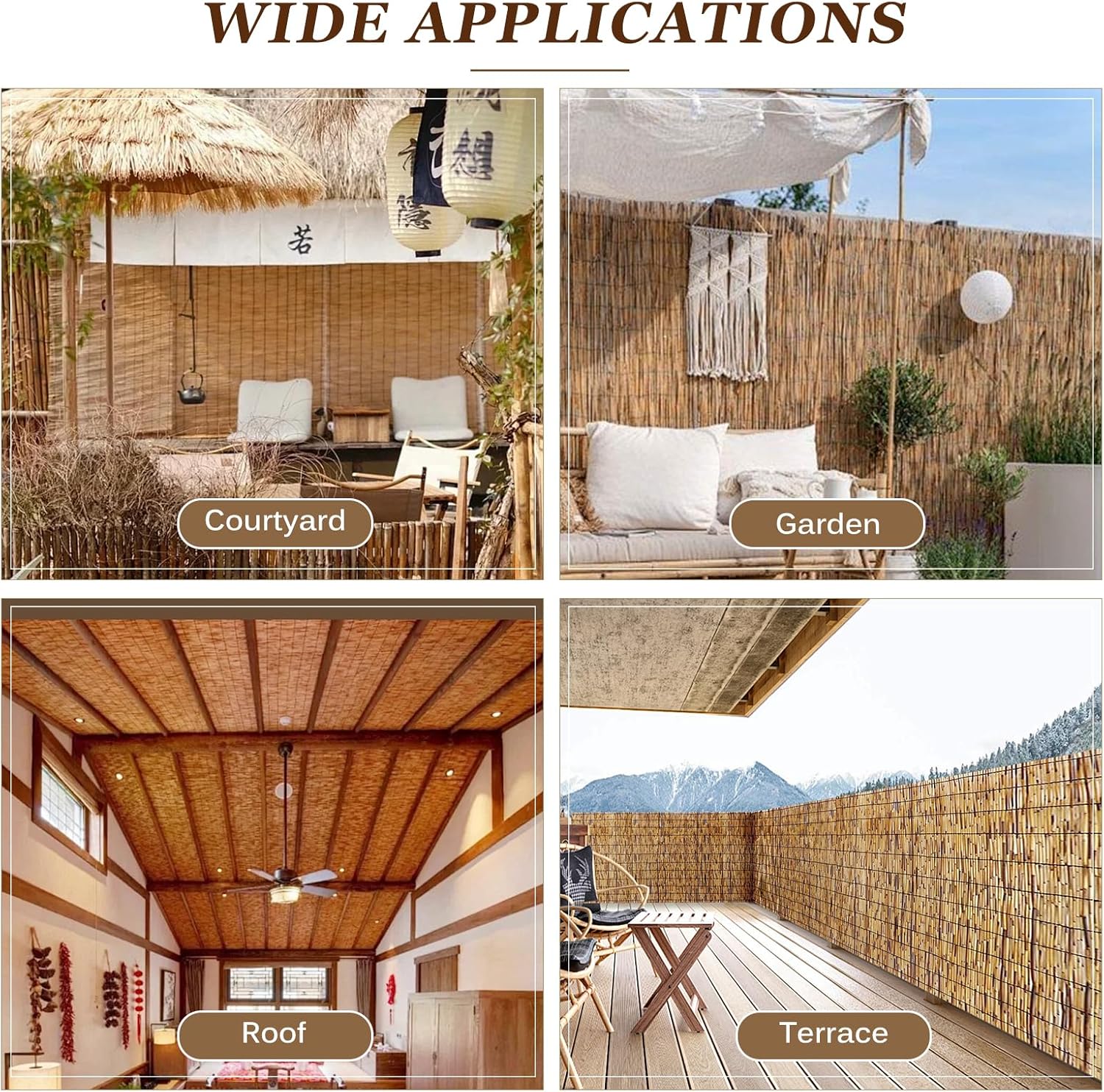 Natural Reed Fencing Rolls: Privacy Bamboo Fence 3/4/5/6ft High Roll Reed Screen, Decorative Bamboo Fencing for Outdoor Balcony Patio Garden Backyard,with Cable Zip Ties(Coffee, 4x10ft)-VerdiqueGarden