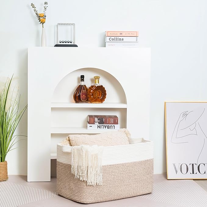 MINTWOOD Design 22in Extra Large Blanket Basket Holder Living Room, Rectangle Rope Woven Storage Basket with Handles for Laundry, Pool Towels, and Shoes, Dog Toy Organizer Bin Box, Light Brown-VerdiqueGarden