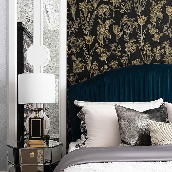 Dimoon 236"x17.3" Floral Wallpaper Peel and Stick Flowers Golden Black Contact Paper Thicken Waterproof Modern Self Adhesive Plants Wallpaper Removable Wall Paper Shelf Vinyl Roll-VerdiqueGarden