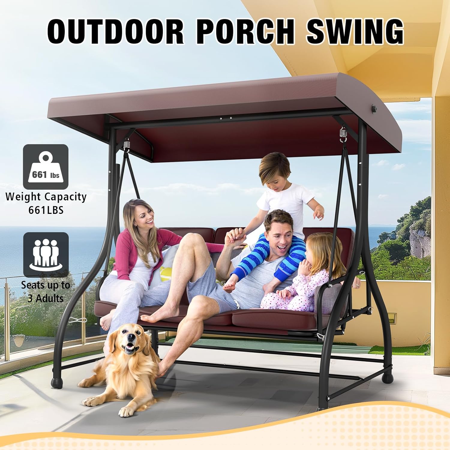 3 in 1 Porch Swing Chair with Adjustable Canopy Cover & Replacement Cushions, 3 Seat Patio Swings Bed with Heavy Duty Stand for Outdoor Backyard, Pools, Garden, Brown-VerdiqueGarden