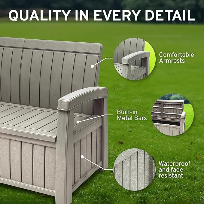 EconoHome 3 Seat Outdoor Storage Bench with Rain Cover - 90 Gallon Capacity - Weatherproof Resin Bench for Patio, Porch, Garden, Yard, Pool Area - Furniture for Pool Accessories, Gardening Tools-VerdiqueGarden