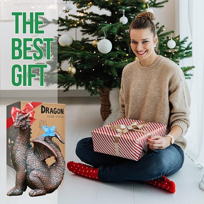 Garden Decor Solar Dragon Statues: Outdoor Sculptures with Glowing Butterfly for Lawn Ornaments Yard Art Porch Patio Balcony - Gifts for Mom Grandma Women-VerdiqueGarden