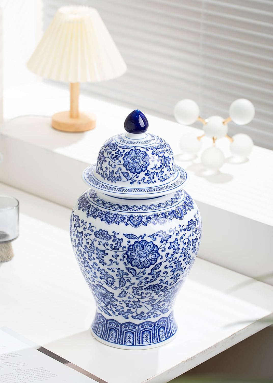 Blue and White Ginger Jar, Ceramic Chinoiserie Decorative Jars for Home, Office, Flower Vase Pocelain, Glossy Vase for Table, Living Room, Bookshelf, Mantle Fireplace, Centerpieces,15" H-VerdiqueGarden