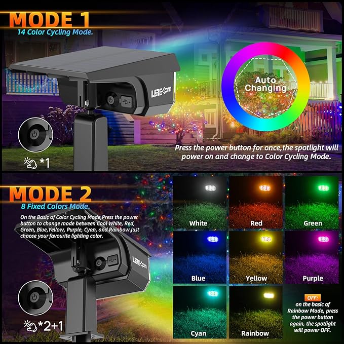 Solar Spotlights Outdoor,40 LEDs Color Changing RGB Landscape Path Lights,USB & Powered Multicoloured Spotlights,14 Colors Auto Cycling for Yard,Garden,2 Pack-VerdiqueGarden