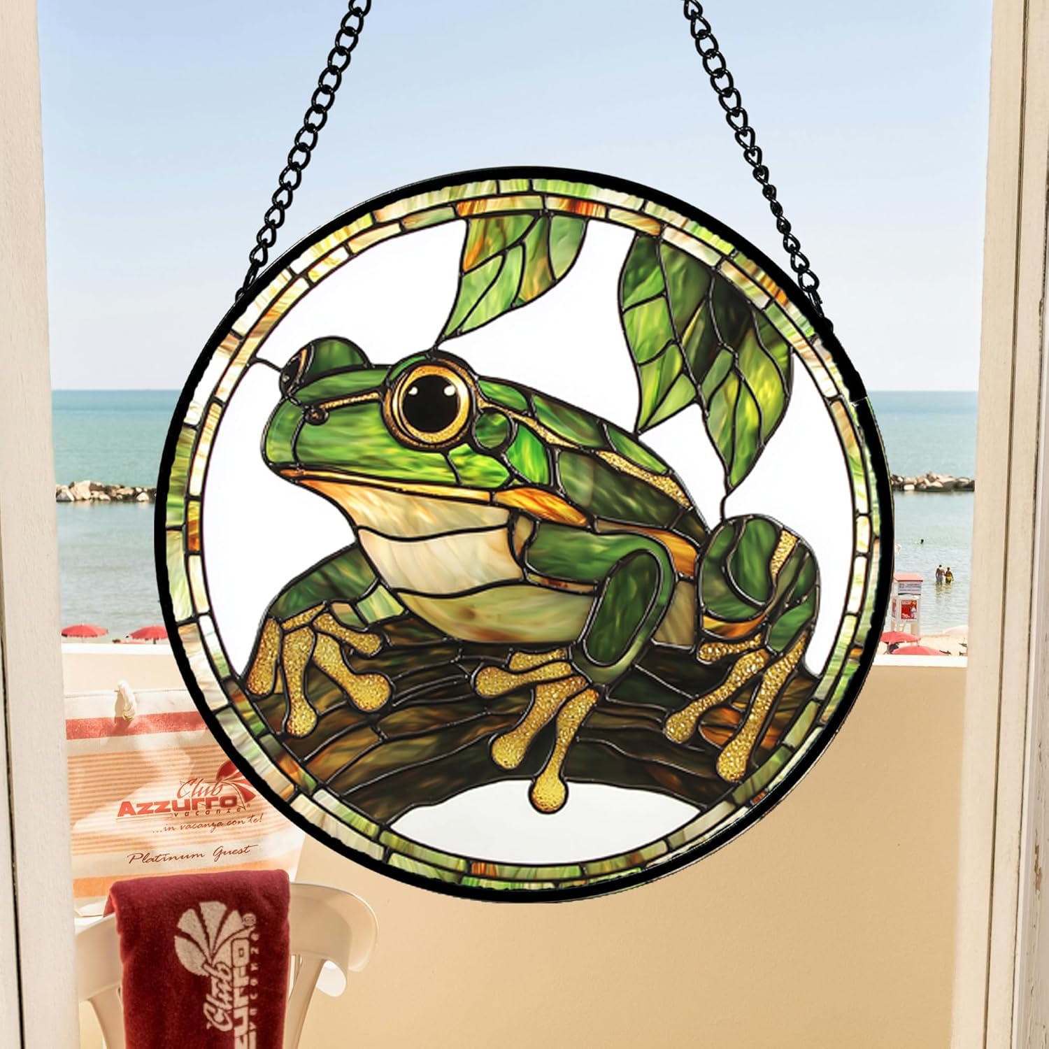 Stained Glass Window Hanging, Frog Green Leaf Sun Catchers Colorful Glass Panel Cool Suncatcher Decor for Birthday for Women, Men, Wife, Aunt, and Mom 14.9x14.9 in-VerdiqueGarden