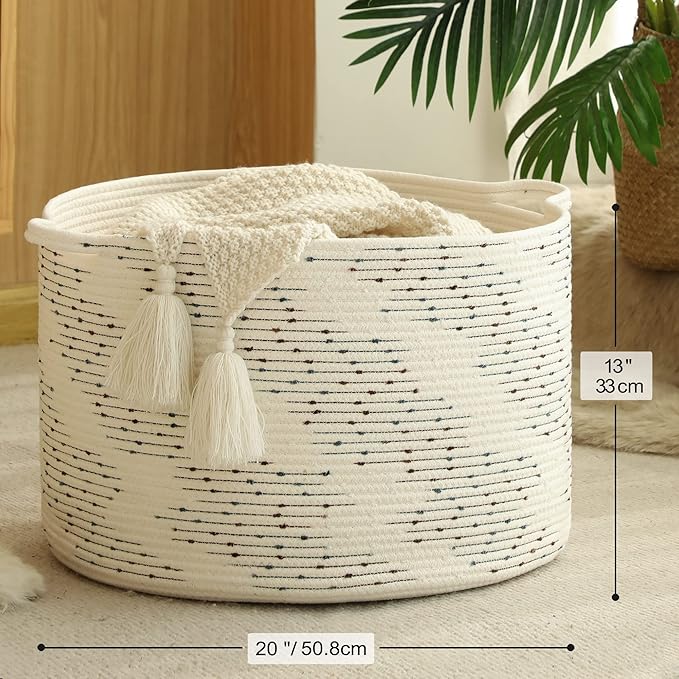KAKAMAY Large Blanket Basket (20"x13"),Woven Baskets for storage Baby Laundry Hamper，Cotton Rope Blanket Basket for Living Room, Laundry, Nursery, Pillows, Off White with Blue & Brown Dotted Pattern-VerdiqueGarden