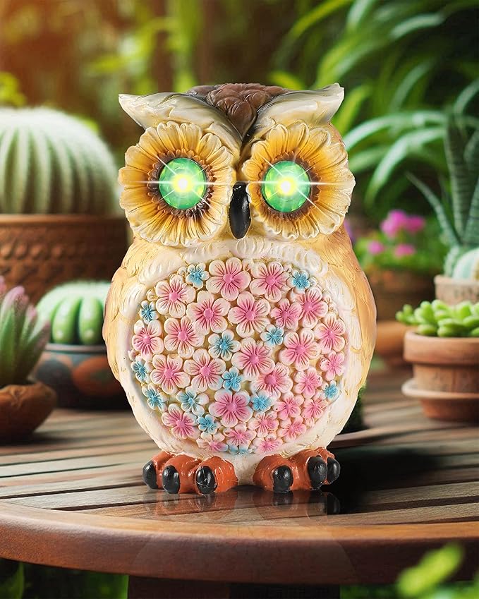 Hand-Painted Resin Owl Figurine with Glow-in-The-Dark Eyes, Solar-Powered Garden Decor 5.5'' Lawn Ornaments Statue Gardening Gifts for Outside Yard Art Patio (Owl)-VerdiqueGarden