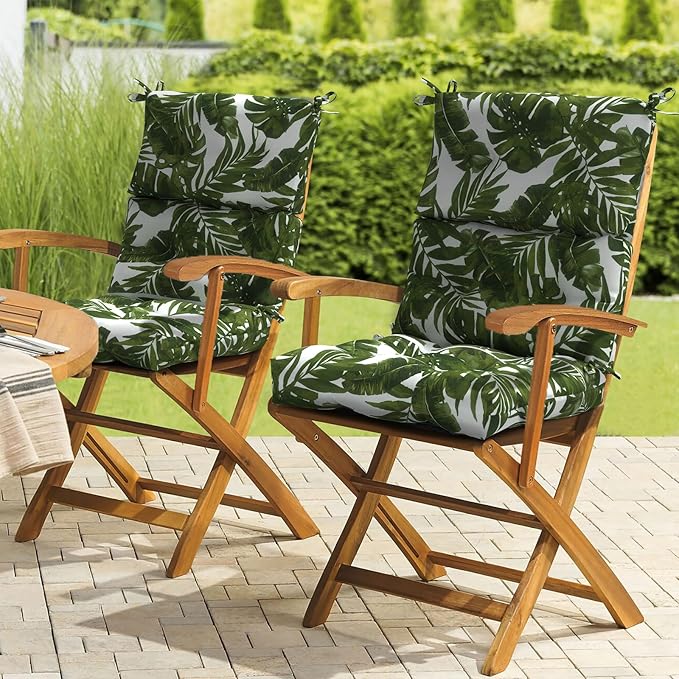 LVTXIII Outdoor Seat/Back Chair Cushion Patio Tufted High Back Cushion, Seasonal Replacement Rocking Chair Cushion with Ties (22” W x 20D”, Set of 2, Palm Green)-VerdiqueGarden