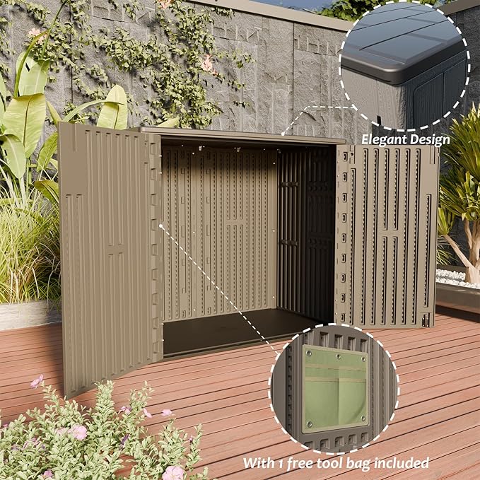 HOMSPARK 37 Cu.Ft Outdoor Storage Shed Weather Resistant, Multi Functional | Double-Wall Resin Storage Sheds & Outdoor Storage Box Waterproof for Backyard Garden Patio Lawn (Shallow Coffee)-VerdiqueGarden