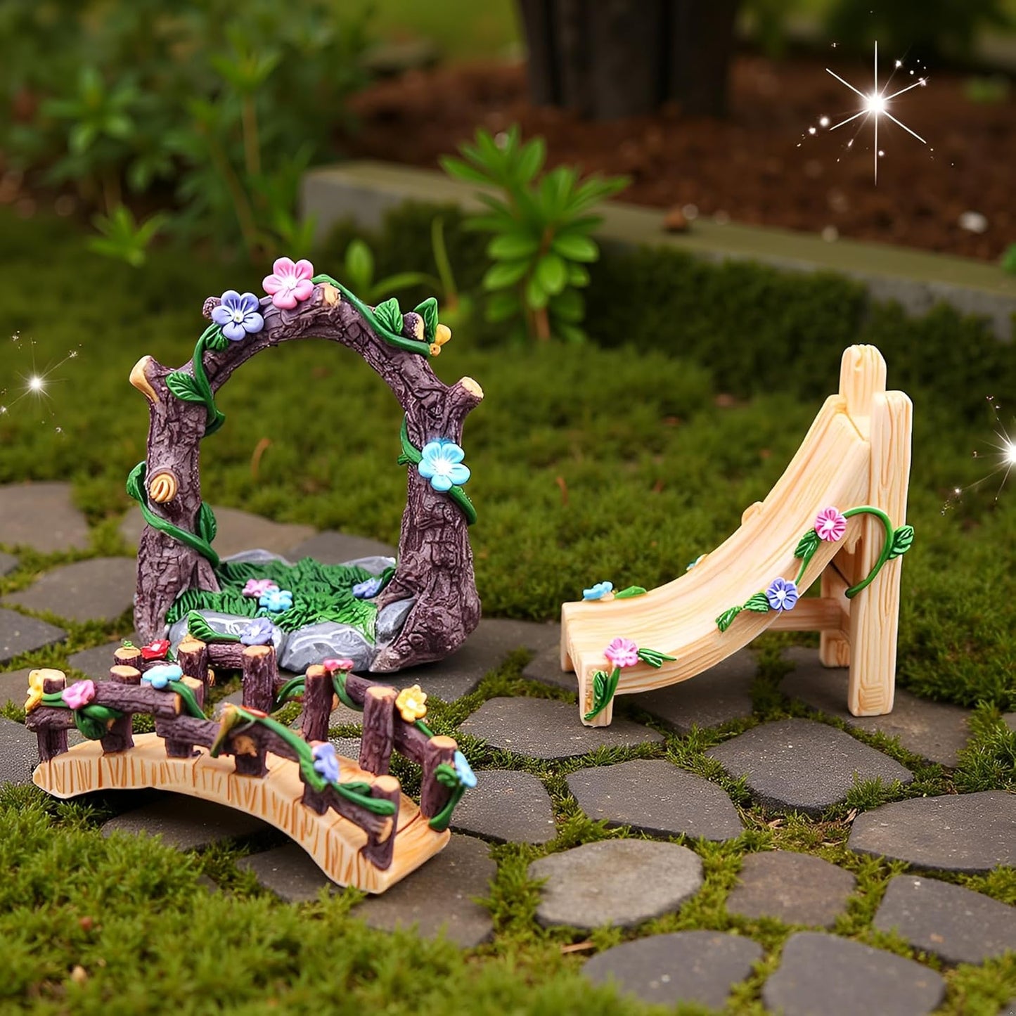 Kai Dream Miniature Fairy Garden Accessories Set, 3 Piece Resin Decorative Landscape Kit with Arch, Bridge and Slide, Floral Garden Ornaments-VerdiqueGarden