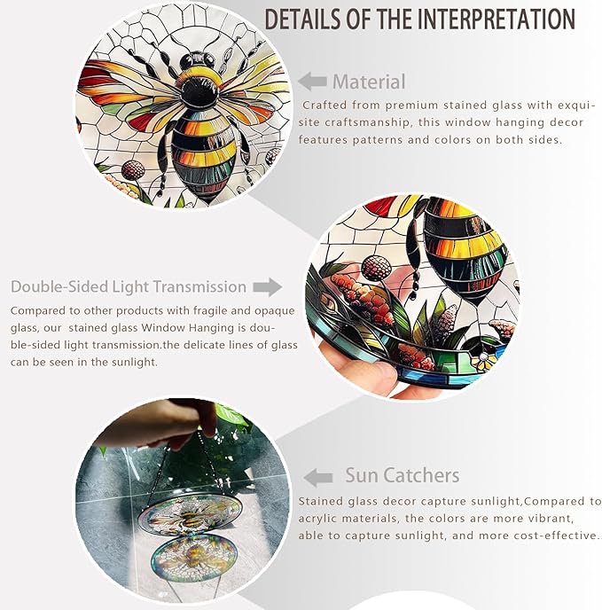 RIVEENY Bumblebee Stained Glass Window Hangings,8''Bee Suncatcher Stained Glass Window Panel Gift for Christmas Anniversary Birthday Mother's Day-VerdiqueGarden