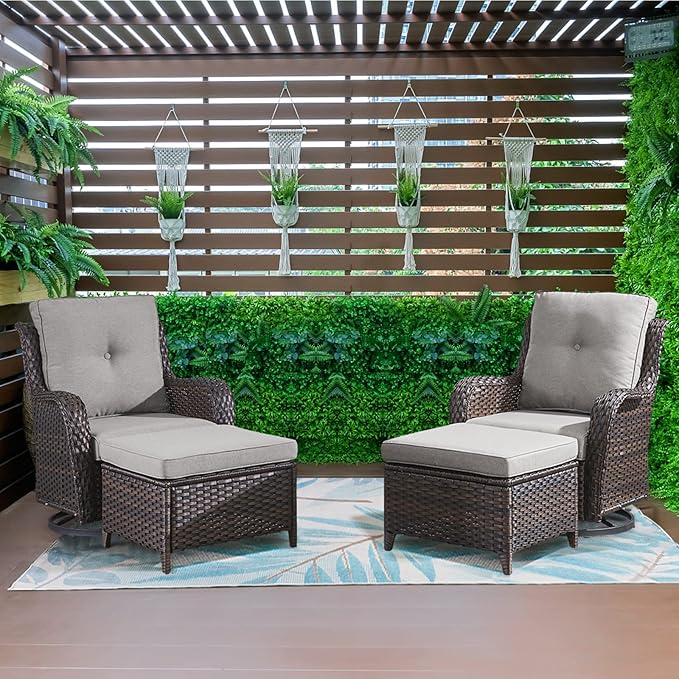 Wicker Outdoor Furniture Patio Furniture Set - 6 Piece Patio Conversation Set with Swivel Rocker Chairs, Loveseat Sofa, Ottomans and Coffee Table, Gray Cushion-VerdiqueGarden