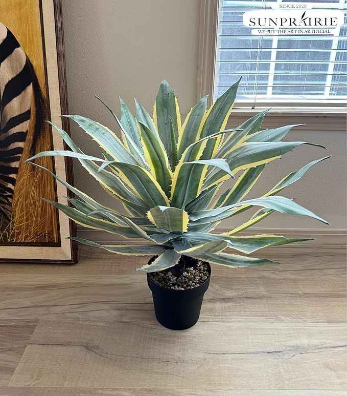 SUNPRAIRIE 32 Inch Tall Large Faux Agave Plant with Two-Tone Sawtooth Edged Leaves; Planted in Black Pot with Real Stone Pebbles. Large Artificial Plants Indoor and Outdoor.-VerdiqueGarden