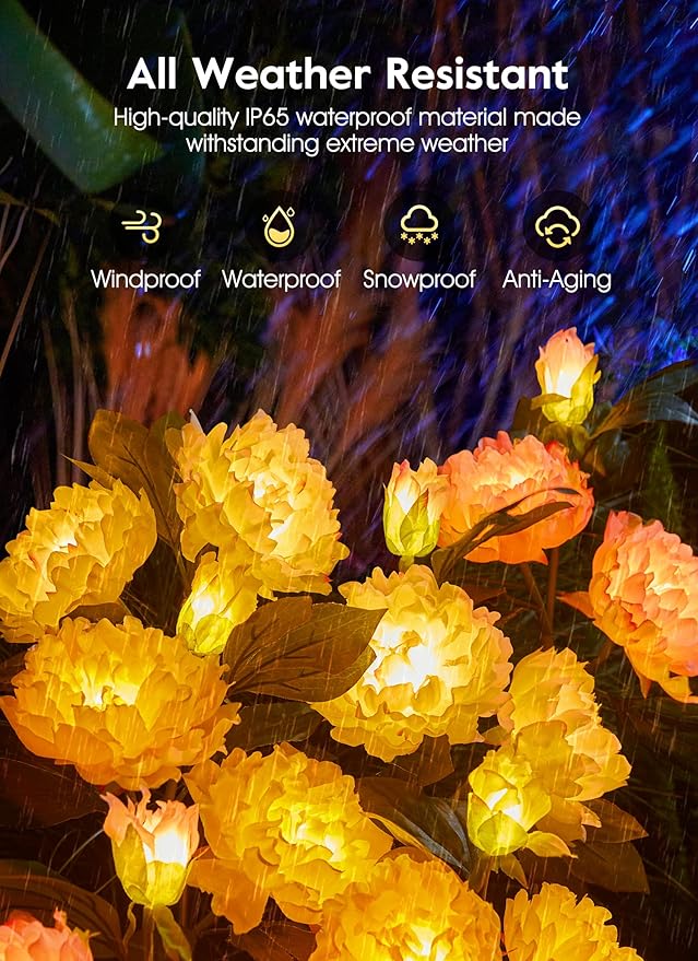 Outdoor Solar Flower Lights - 3 Pack Solar Garden Lights with Larger & More Realistic Peony, Bigger Solar Panel, Waterproof LED Solar Lights Outdoor for Yard Garden Lawn Pathway Decoration-VerdiqueGarden